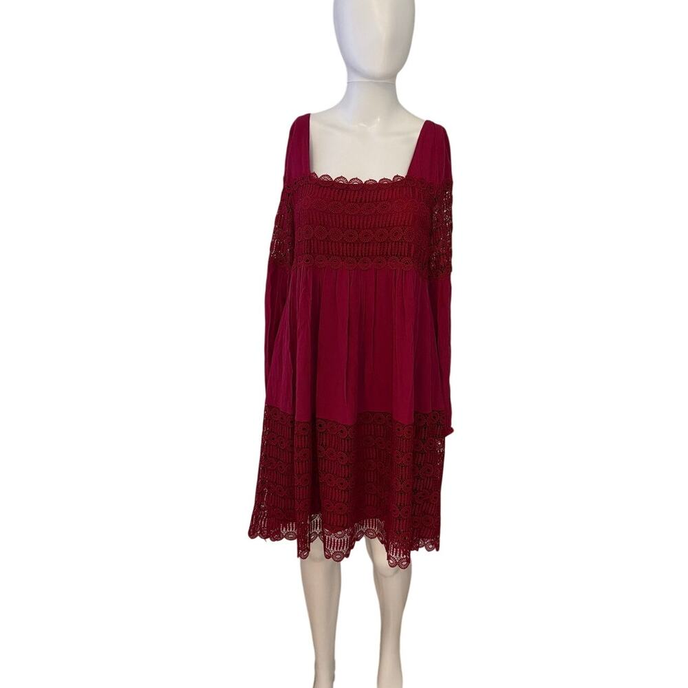 Floreat Anthropologie Maroon Lace Bodice Smocked Babydoll Dress Size US 6